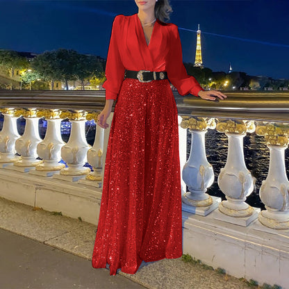Long-sleeved shirt and wide-leg jumpsuit