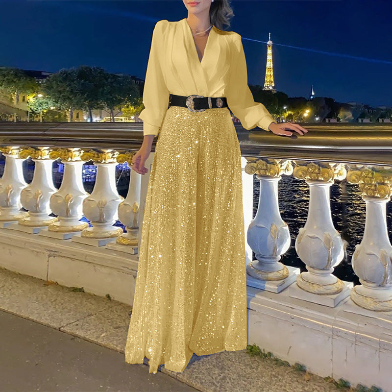 Long-sleeved shirt and wide-leg jumpsuit
