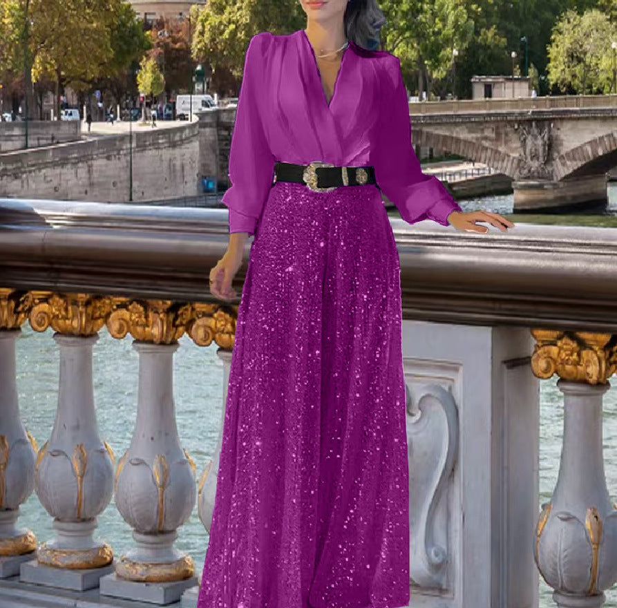Long-sleeved shirt and wide-leg jumpsuit