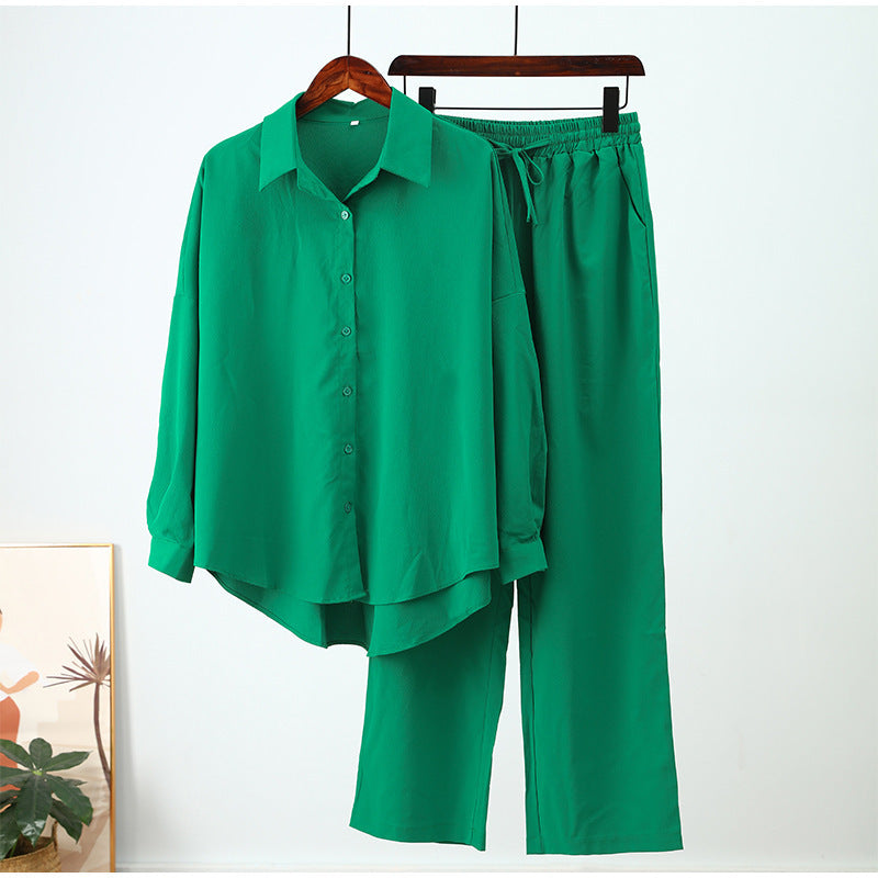 Long-sleeved shirt and wide-leg pants set