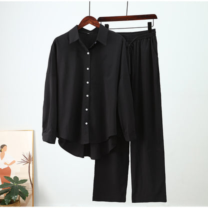 Long-sleeved shirt and wide-leg pants set