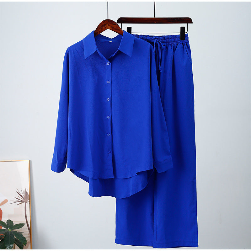 Long-sleeved shirt and wide-leg pants set