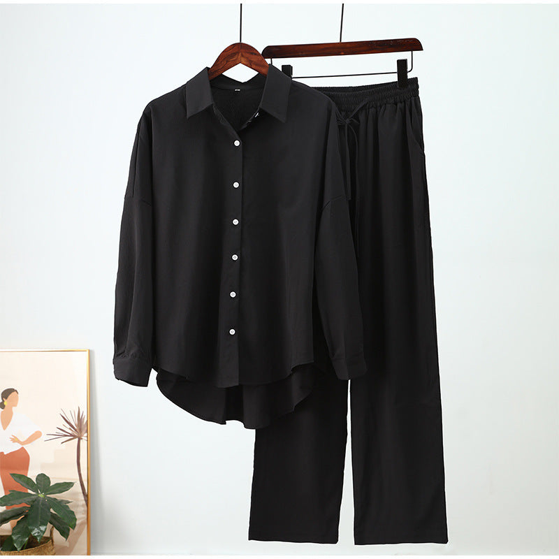 Long-sleeved shirt and wide-leg pants set