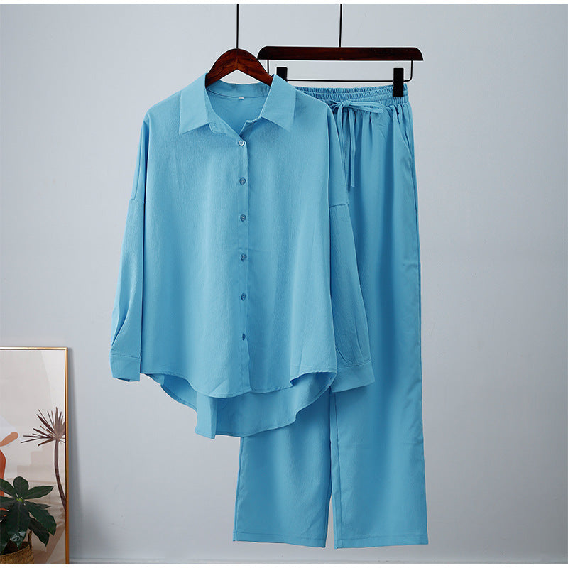 Long-sleeved shirt and wide-leg pants set