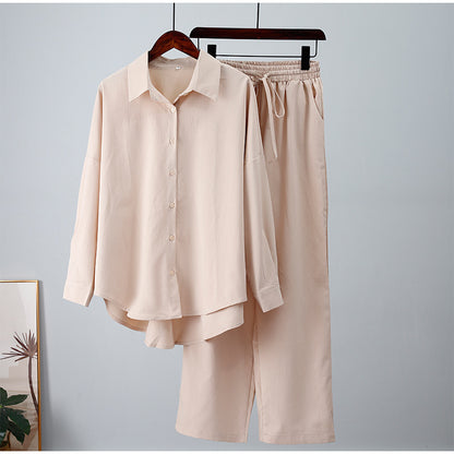 Long-sleeved shirt and wide-leg pants set