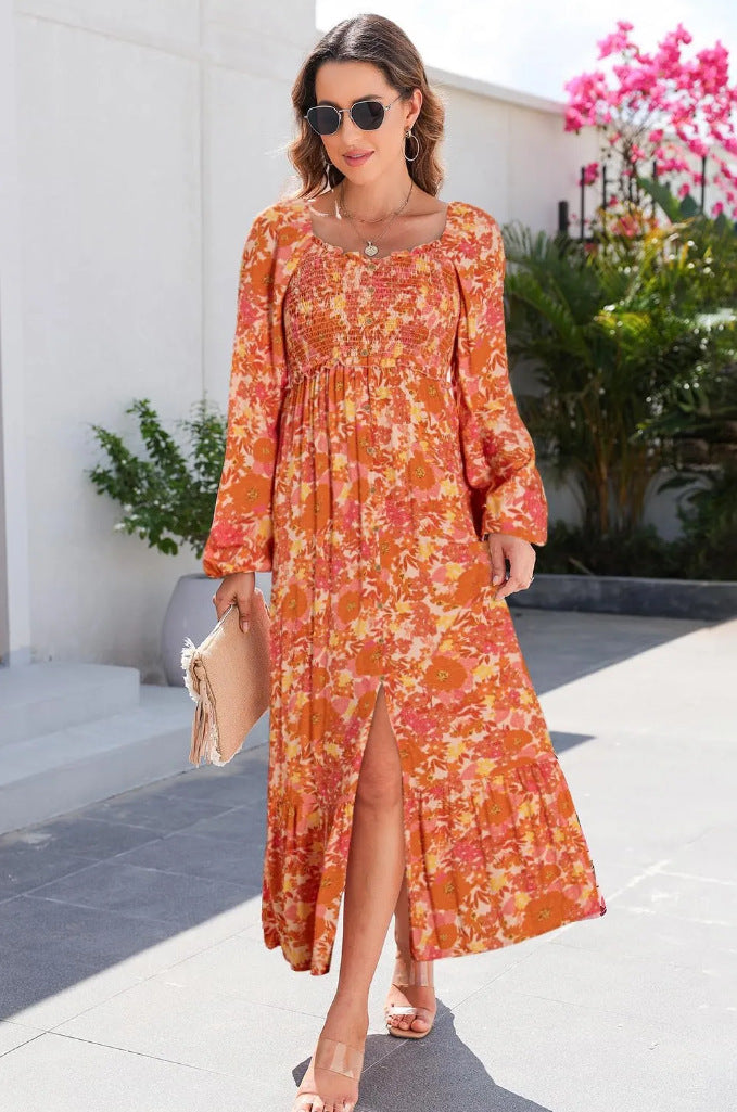 Long-sleeved square-necked dress