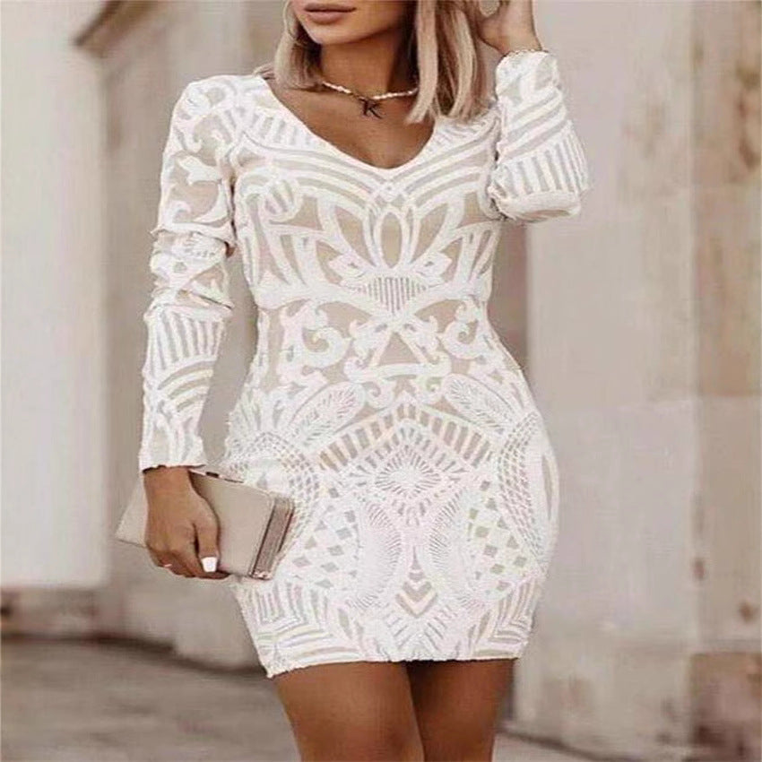 Long-sleeved v-neck dress