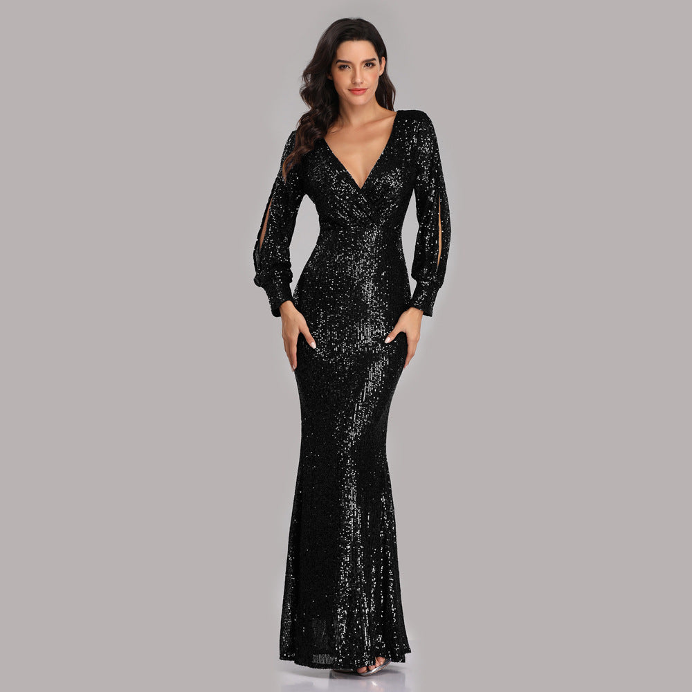 Long-sleeved V-neck sequined fishtail dress