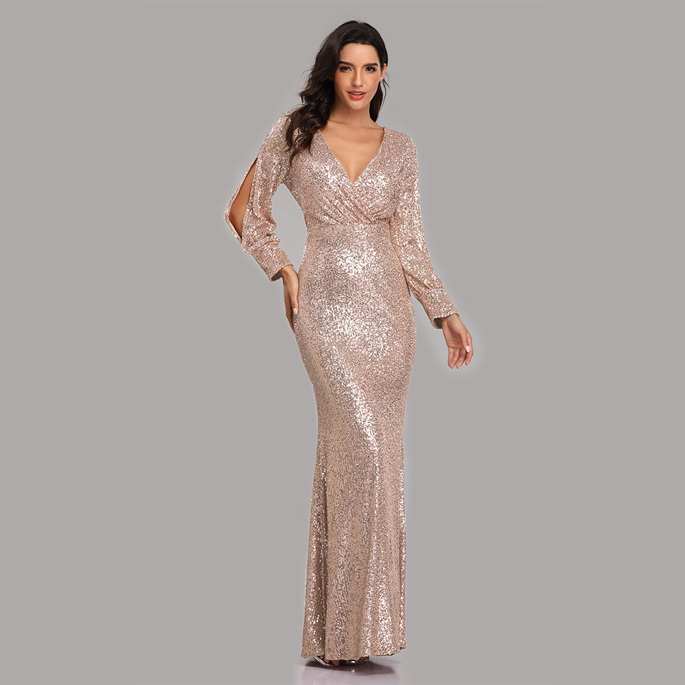 Long-sleeved V-neck sequined fishtail dress