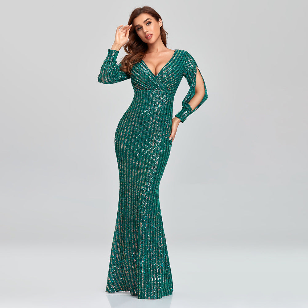 Long-sleeved V-neck sequined fishtail dress