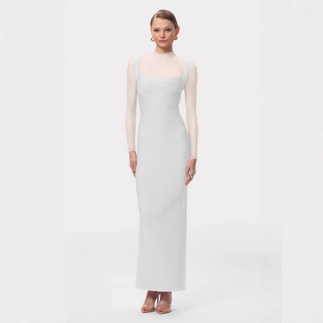 Long Sleeveless Mesh Evening Dress with Zipper