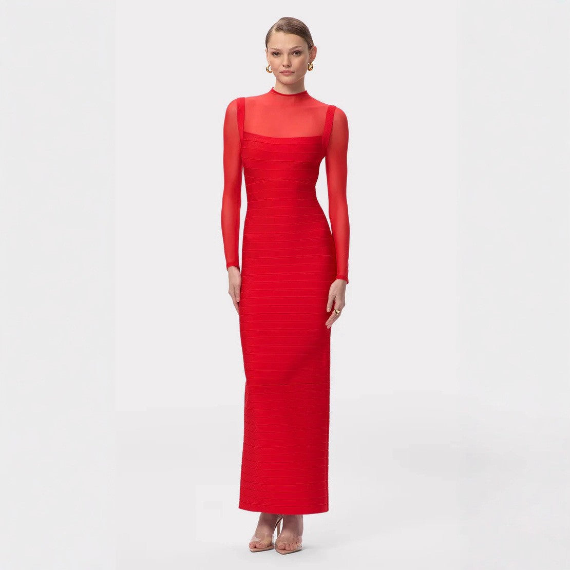 Long Sleeveless Mesh Evening Dress with Zipper