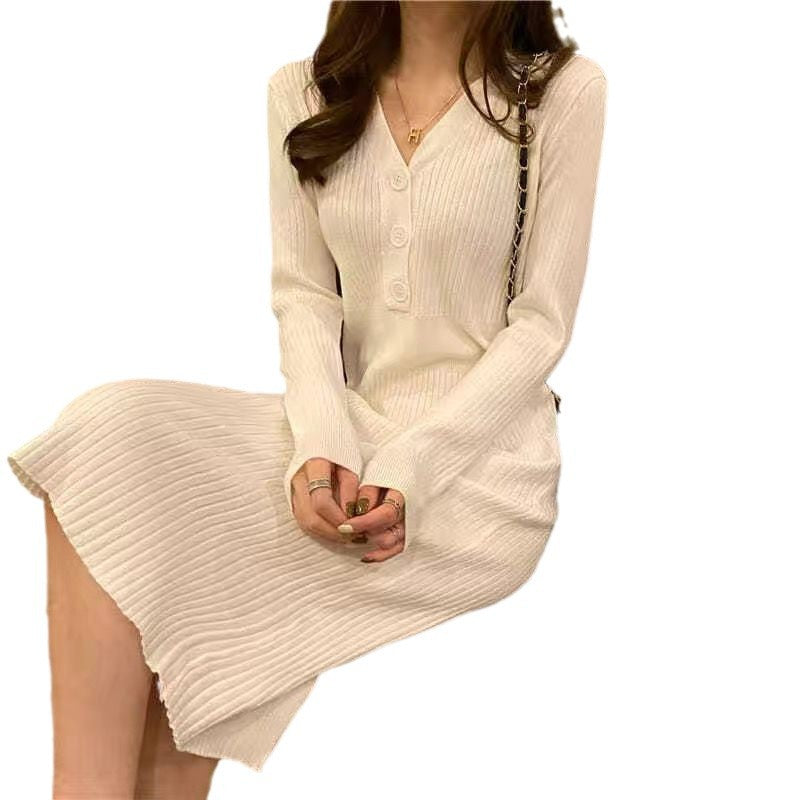 Long Slim-fit Knitted Dress with V-Neck