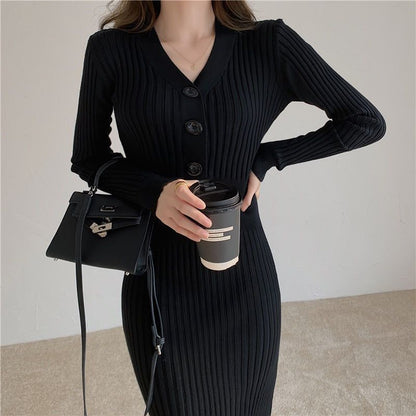 Long Slim-fit Knitted Dress with V-Neck