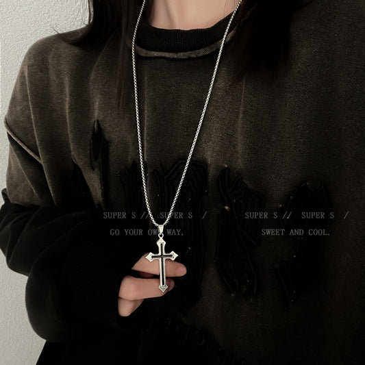 Long Titanium Steel Cross Pendant Necklace
