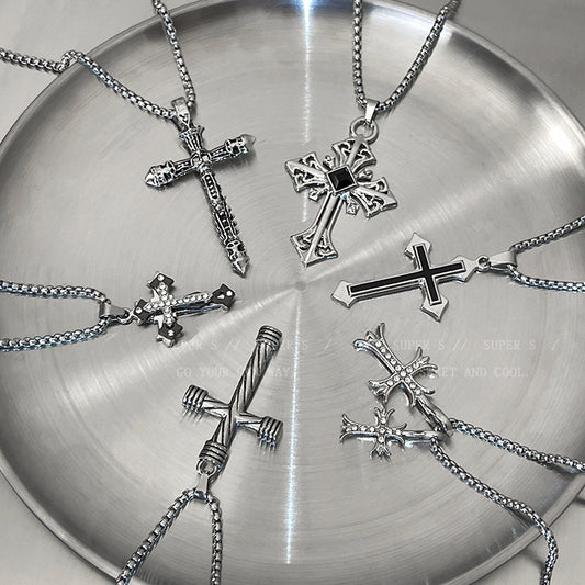 Long Titanium Steel Cross Pendant Necklace