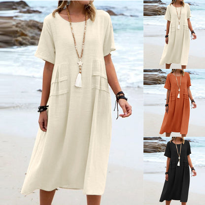 Loose and casual cotton and linen solid-colored mid-length dress