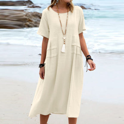 Loose and casual cotton and linen solid-colored mid-length dress