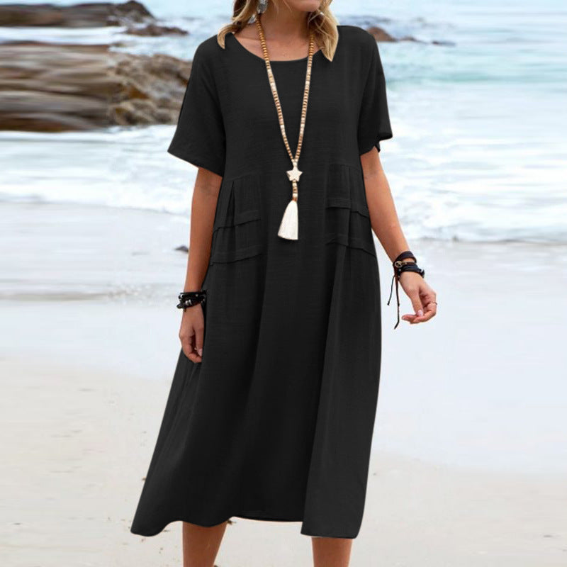 Loose and casual cotton and linen solid-colored mid-length dress