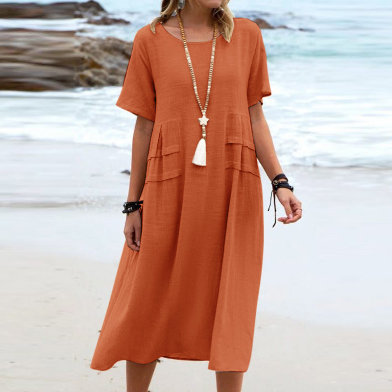 Loose and casual cotton and linen solid-colored mid-length dress