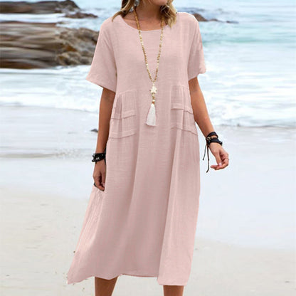 Loose and casual cotton and linen solid-colored mid-length dress