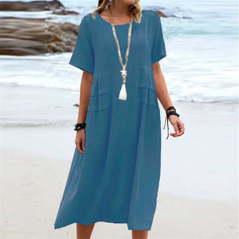 Loose and casual cotton and linen solid-colored mid-length dress