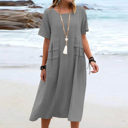 Loose and casual cotton and linen solid-colored mid-length dress