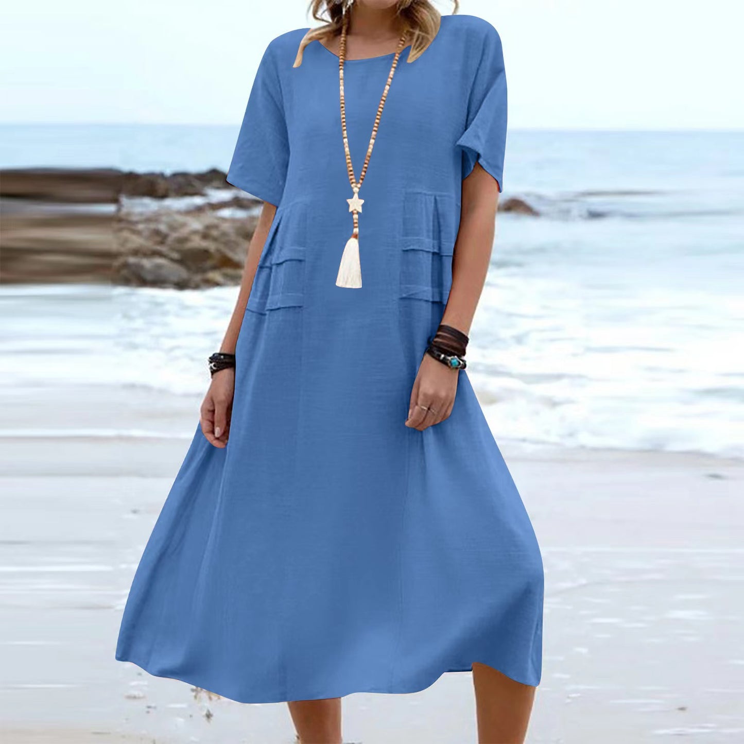 Loose and casual cotton and linen solid-colored mid-length dress