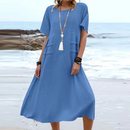 Loose and casual cotton and linen solid-colored mid-length dress