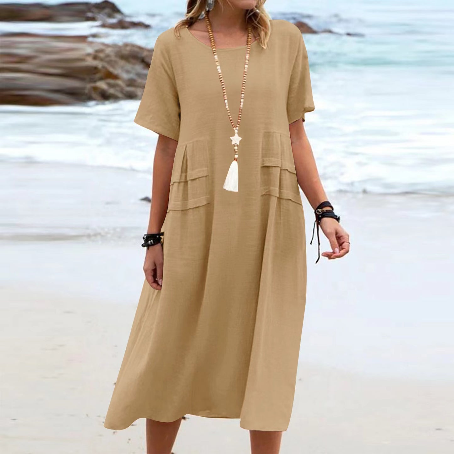Loose and casual cotton and linen solid-colored mid-length dress