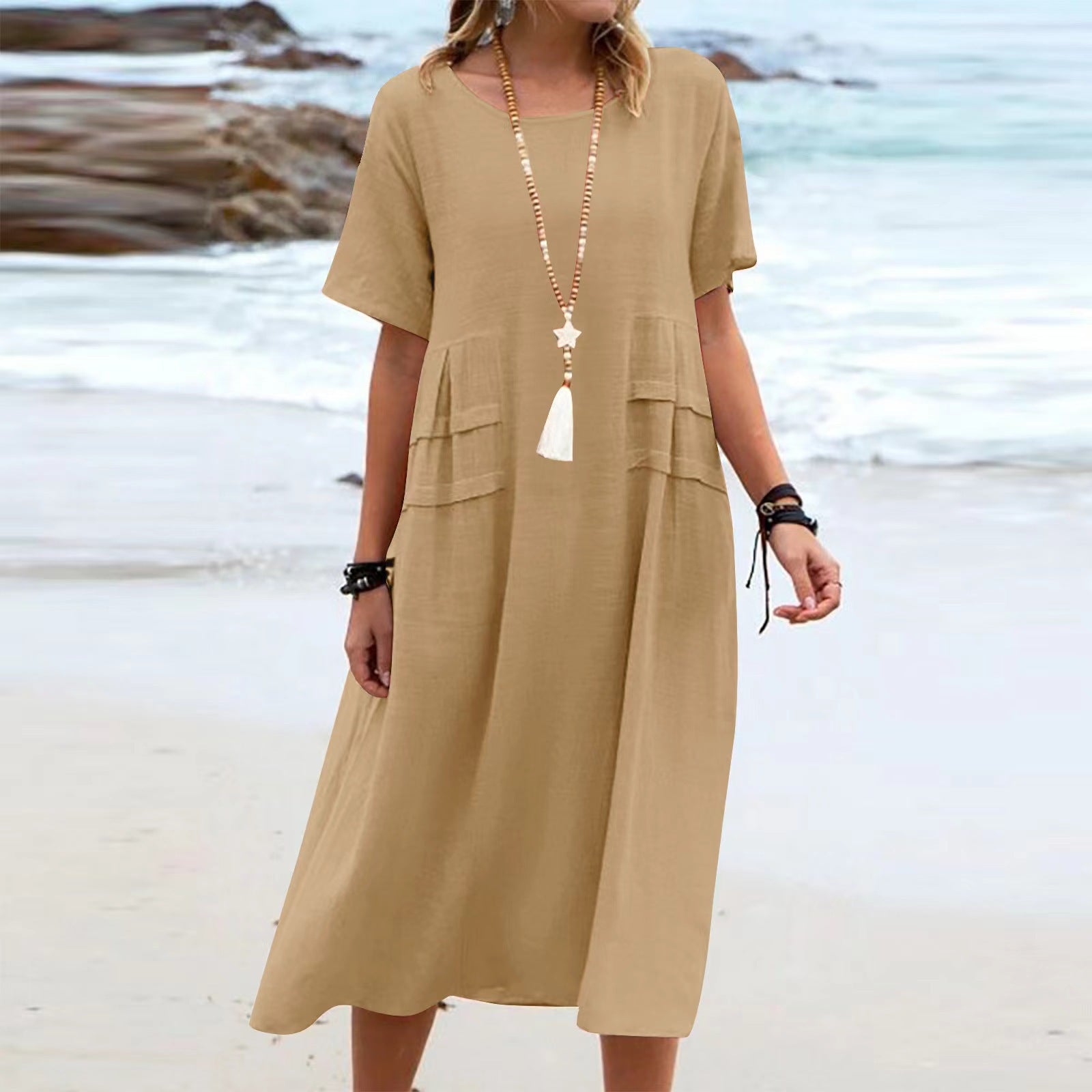 Loose and casual cotton and linen solid-colored mid-length dress