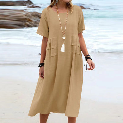 Loose and casual cotton and linen solid-colored mid-length dress
