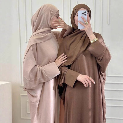 Loose and elegant solid-color long robe with headscarf dress