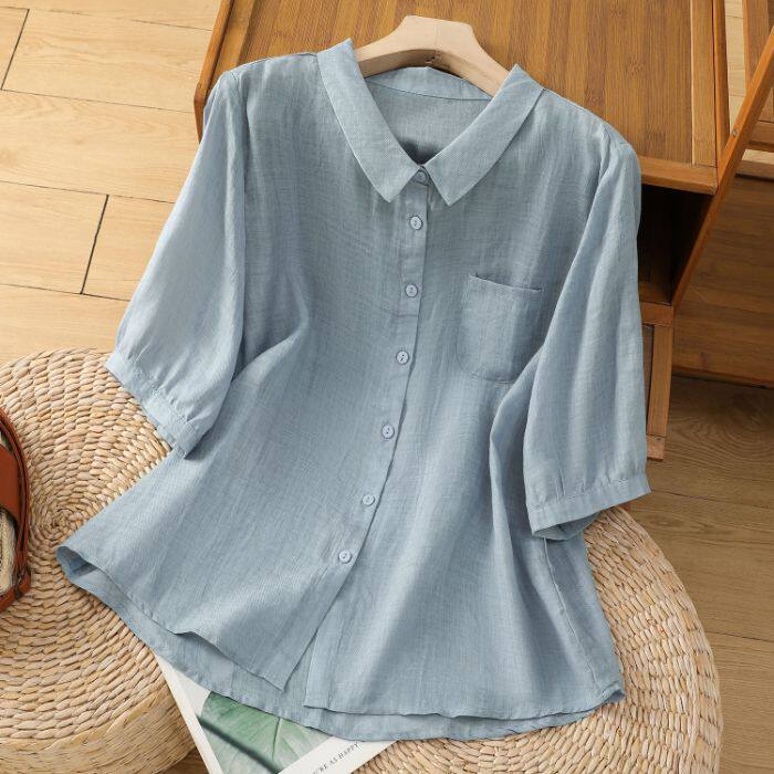 Loose Casual Cotton Linen Shirt with Doll Collar