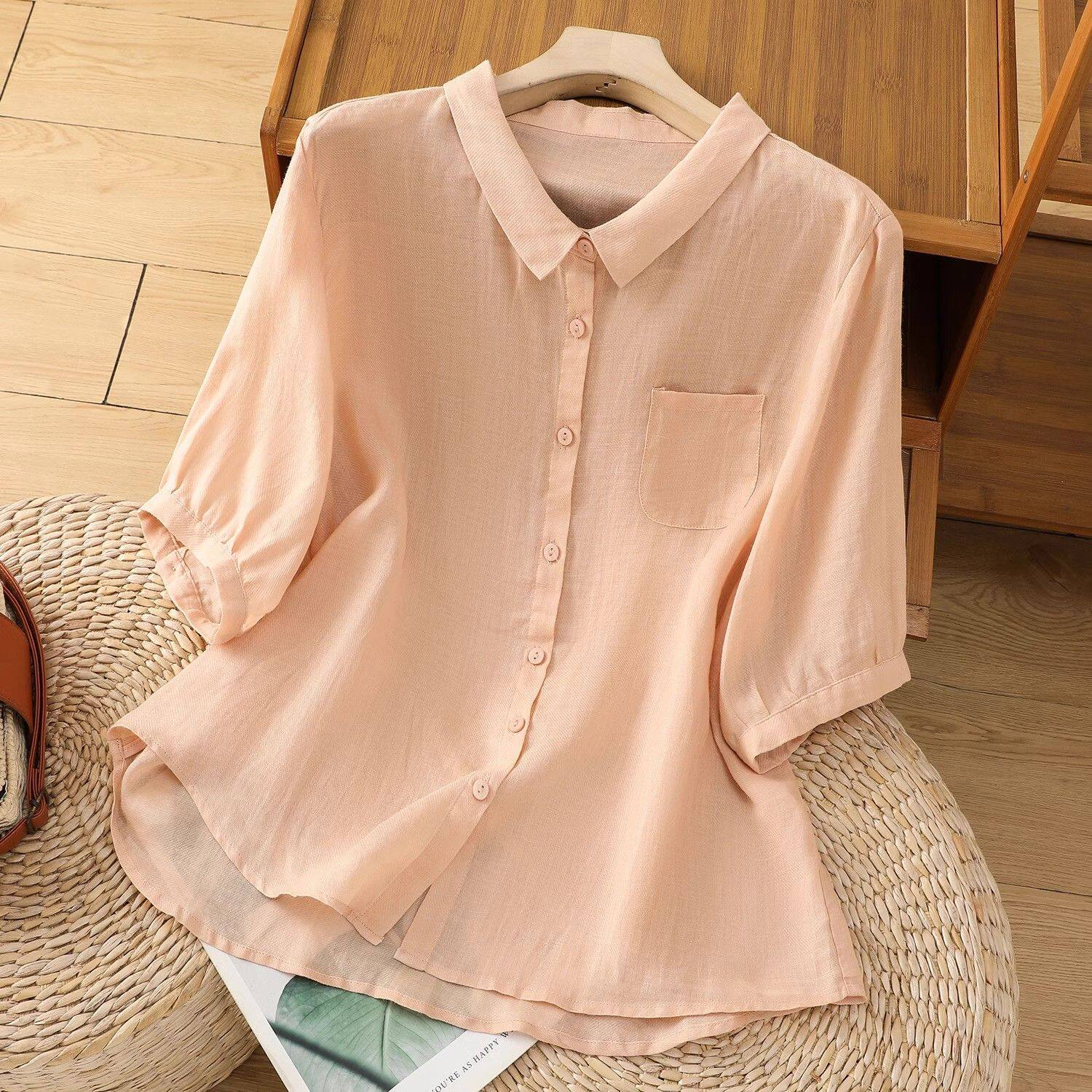 Loose Casual Cotton Linen Shirt with Doll Collar