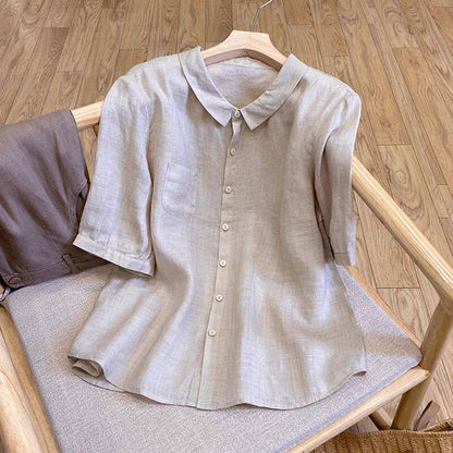 Loose Casual Cotton Linen Shirt with Doll Collar