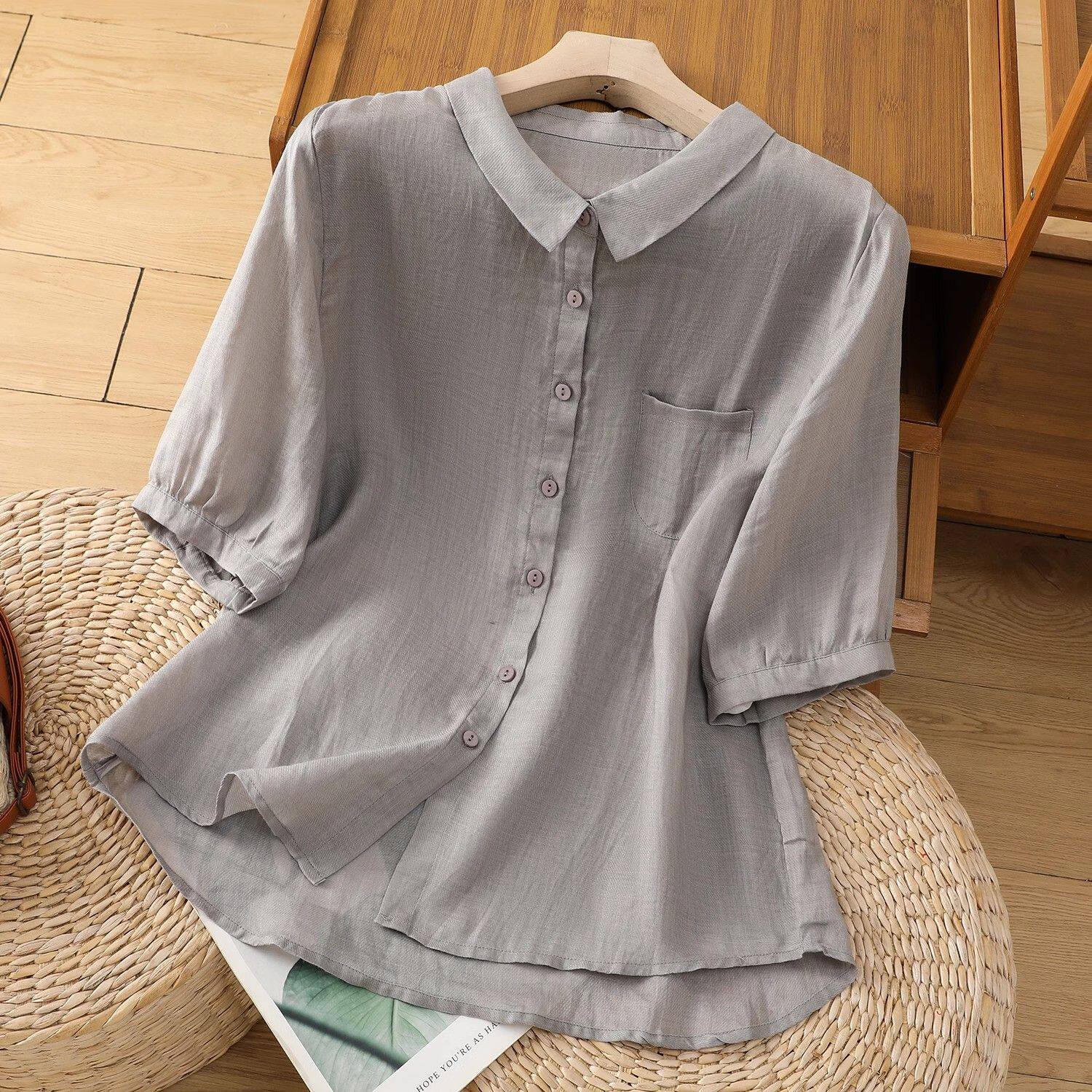 Loose Casual Cotton Linen Shirt with Doll Collar