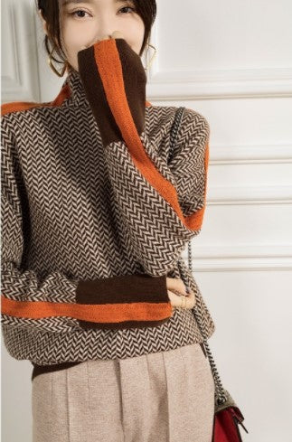 Loose Contrast Sleeve Turtleneck Sweater