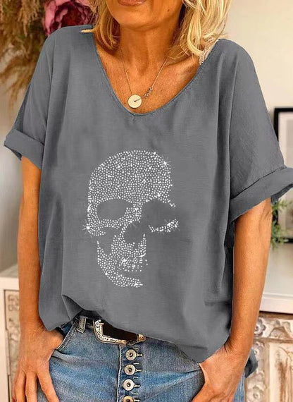 Loose Fit Beaded Skull Print Womens T-Shirt