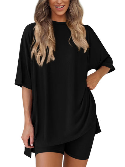 Loose Fit Casual Round Neck Short Sleeve Shorts TwoPiece Set