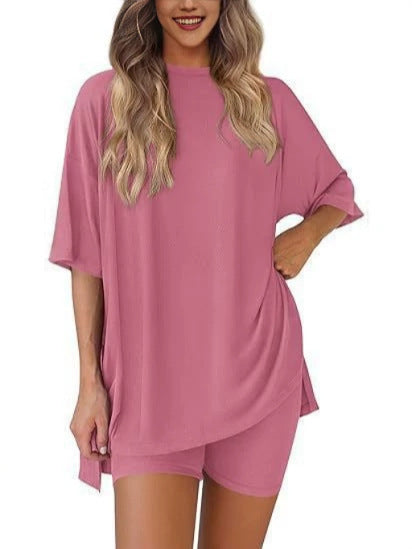 Loose Fit Casual Round Neck Short Sleeve Shorts TwoPiece Set