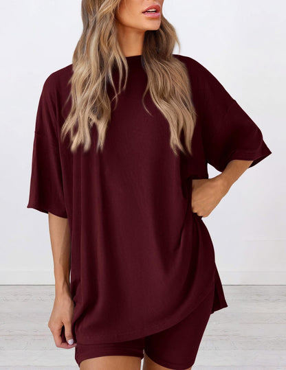 Loose Fit Casual Round Neck Short Sleeve Shorts TwoPiece Set