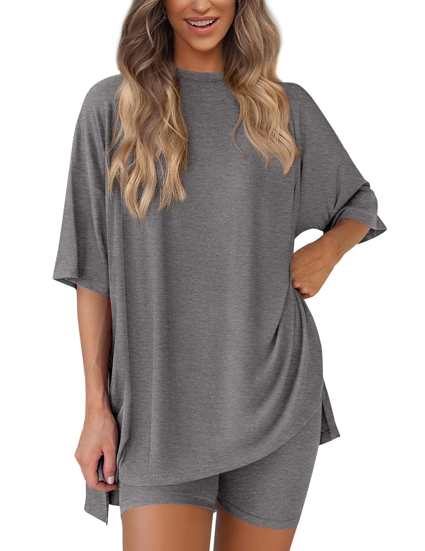 Loose Fit Casual Round Neck Short Sleeve Shorts TwoPiece Set