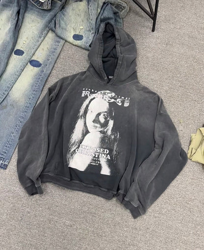 Loose Fit Distressed Hooded Sweatshirt