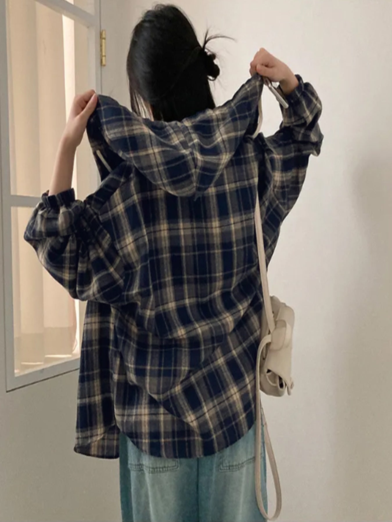 Loose Fit Hooded Plaid Shirt