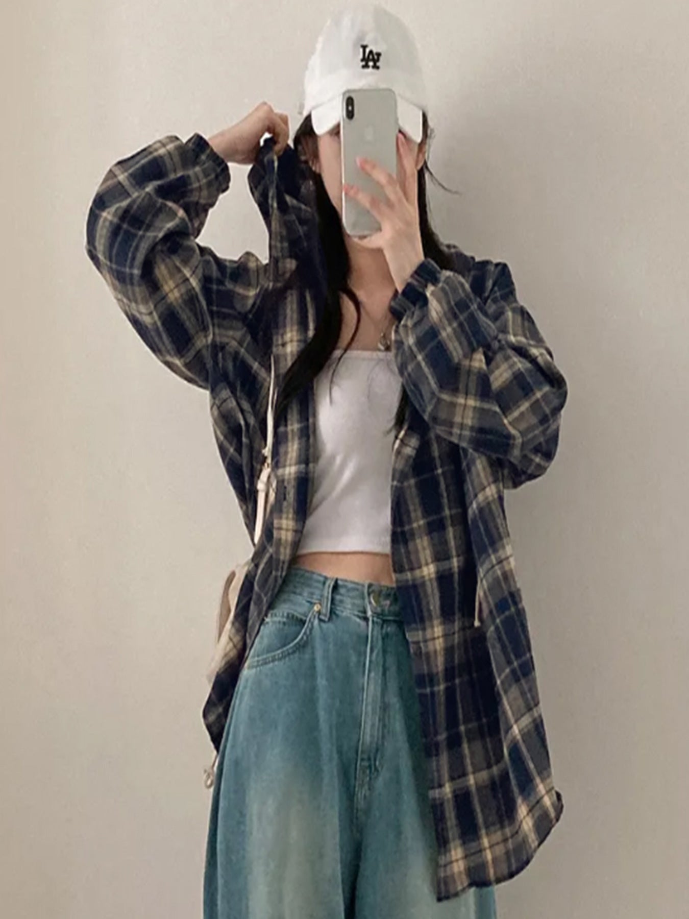 Loose Fit Hooded Plaid Shirt
