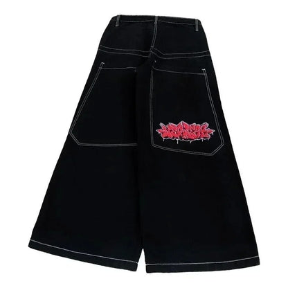 Loose Fit Retro Pattern Jeans Street Casual Wide Leg Pants