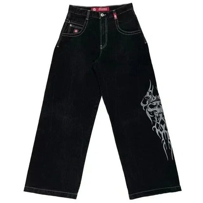 Loose Fit Retro Pattern Jeans Street Casual Wide Leg Pants
