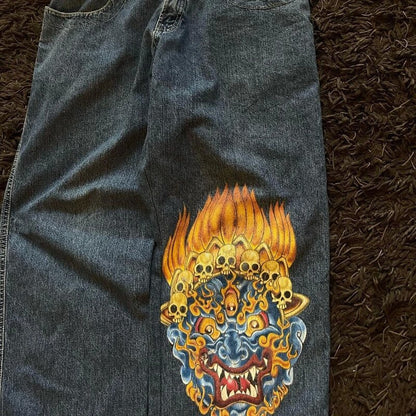 Loose Fit Retro Pattern Jeans Street Casual Wide Leg Pants