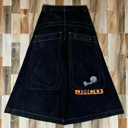 Loose Fit Retro Pattern Jeans Street Casual Wide Leg Pants